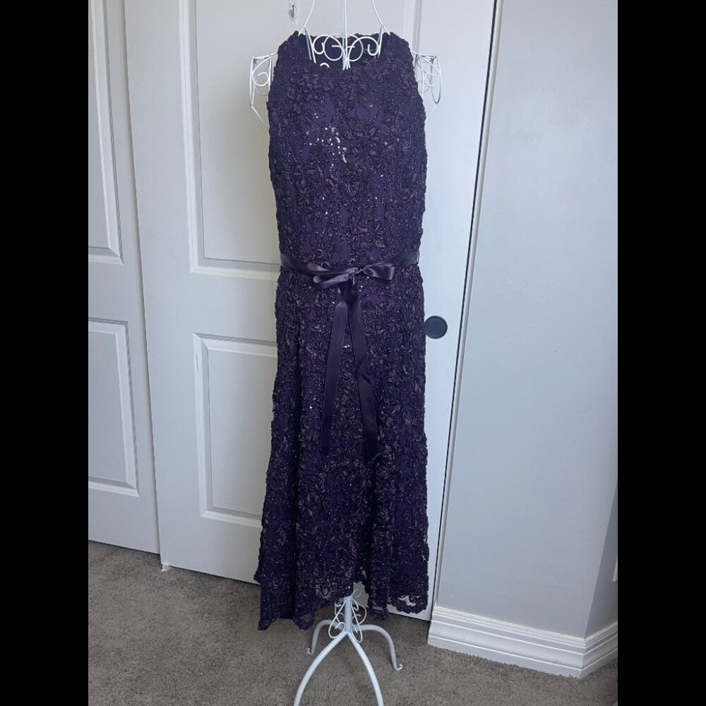 Tahari Purple Lace & Sequin Midi Dress w/ Ribbon Belt | Size 6